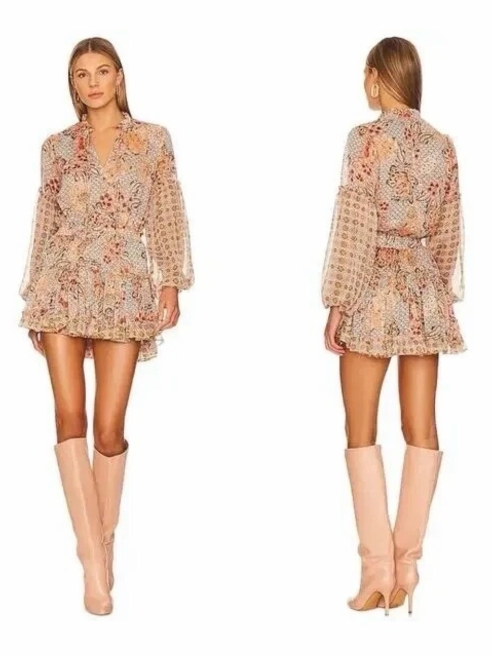 Misa Los Angeles Peach Multi Floral Long Sleeve Mini Dress
